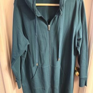 Denim&Co Long teal blue Zip-Front Hooded Sweatshirt